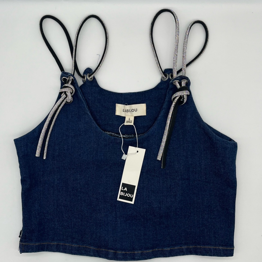 LA Bijou denim crop top with rhinestone straps, size large, side zip